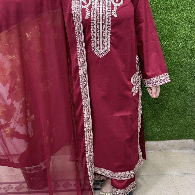 3 PC Embroidery Plain Lawn Fabric