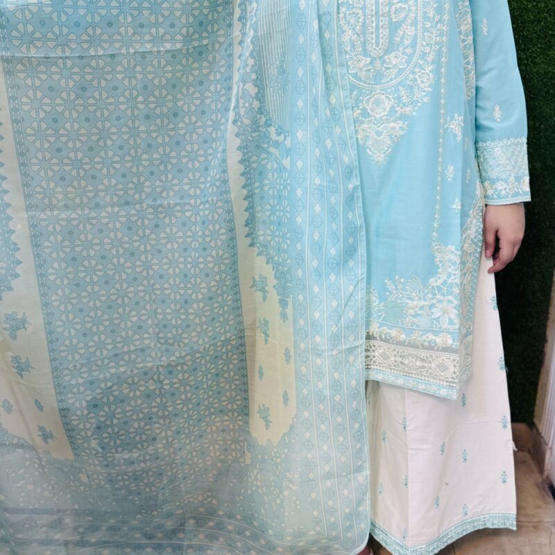 3 PC Embroidery Plain Printed Lawn