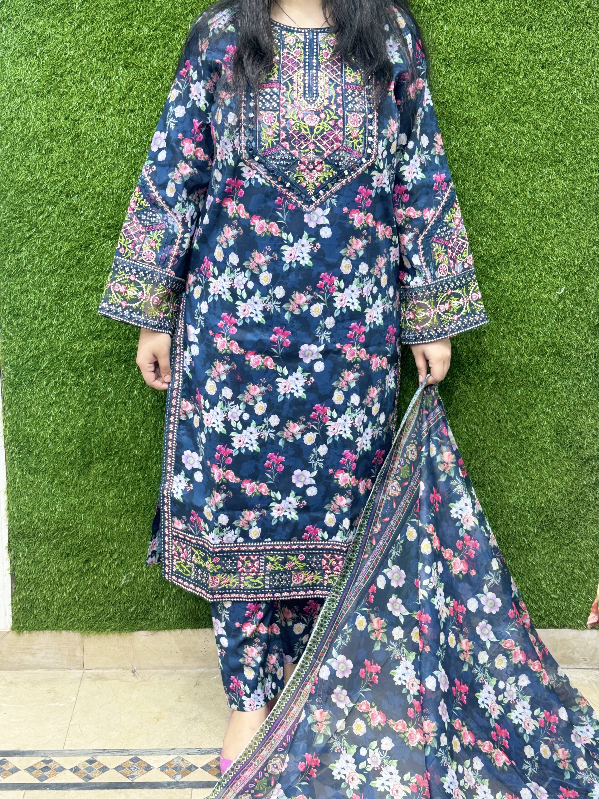 3 PC Embroidery Printed Lawn Fabric - Image 2