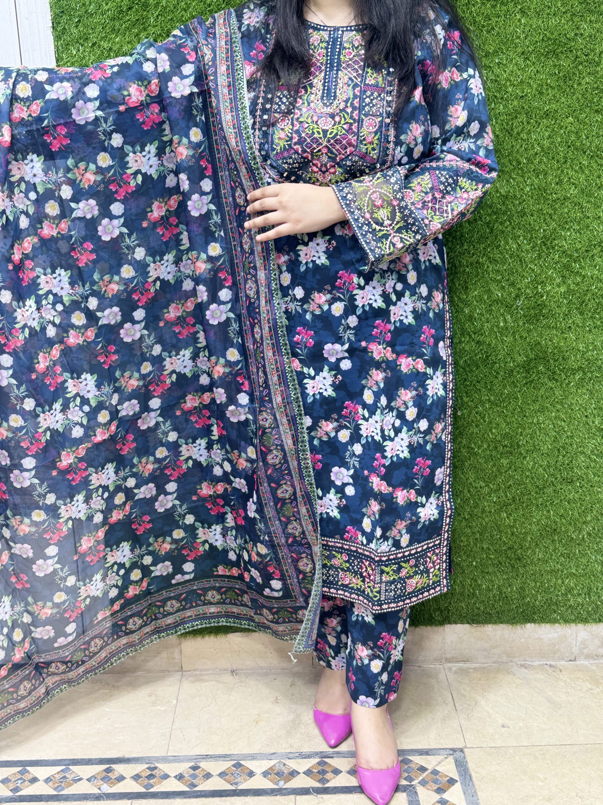 3 PC Embroidery Printed Lawn Fabric