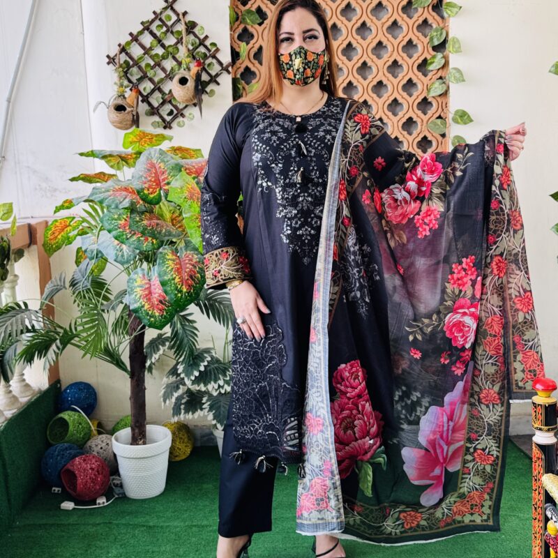 3 PC Embroidery Plain Lawn Fabric